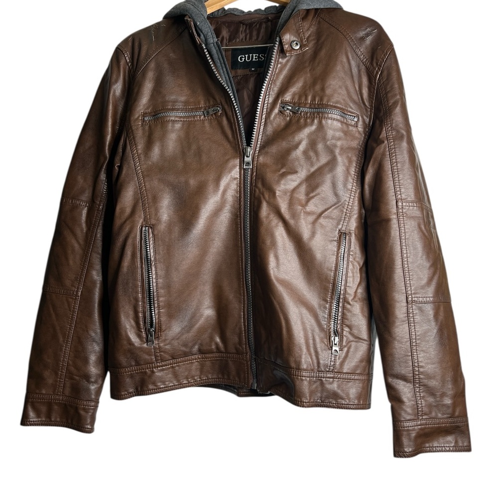 GUESS Men’s 2-in-1 Hooded Faux Leather Jacket – Brown with Gray Lining